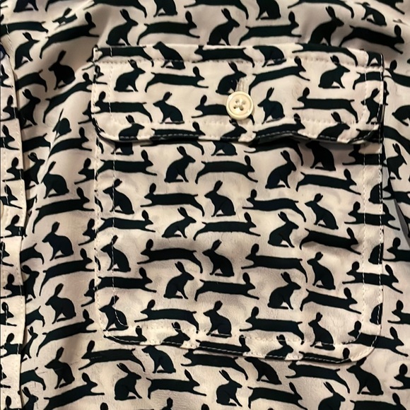 White and dark green rabbit patterned button down - Picture 3 of 4